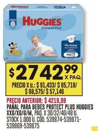 Coto PAÑAL PARA BEBÉS PROTECT PLUS HUGGIES XXG/XG/G/M, PAQ. X 30/32/40/48 U. oferta
