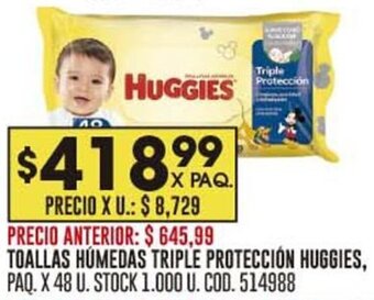 Coto TOALLAS HÚMEDAS TRIPLE PROTECCIÓN HUGGIES, PAQ. X 48 U. oferta