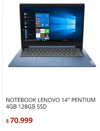 Notebook Lenovo 14" Pentium 4GB 128GB SSD