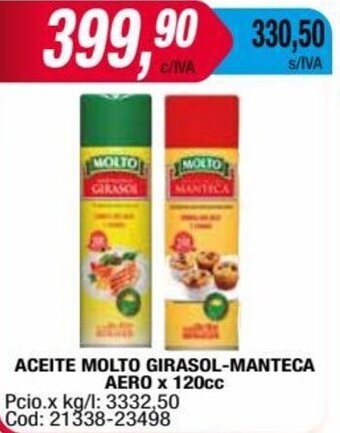 Maxiconsumo ACEITE MOLTO GIRASOL-MANTECA AERO x 120cc oferta