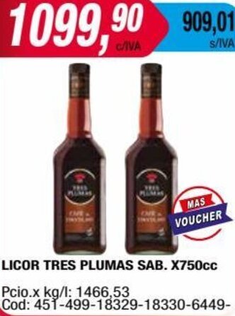 Maxiconsumo LICOR TRES PLUMAS SAB. X750cc oferta