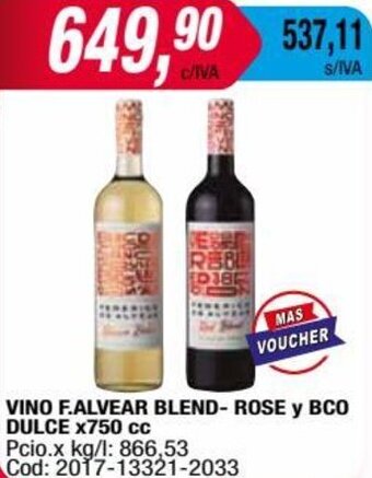 Maxiconsumo VINO F.ALVEAR BLEND- ROSE y BCO DULCE x750 cc oferta