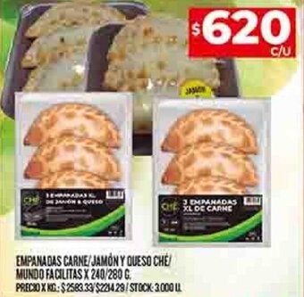 Supermercados DIA EMPANADAS CARNE/JAMÓN Y QUESO CHE MUNDO FACILITAS X 240/280 G. oferta
