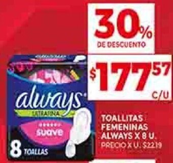 Supermercados DIA TOALLITAS FEMENINAS ALWAYS X 8 U. oferta