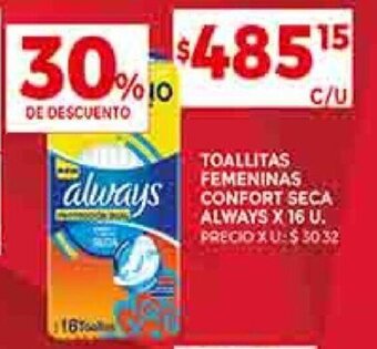 Supermercados DIA TOALLITAS FEMENINAS CONFORT SECA ALWAYS X 16 U. oferta