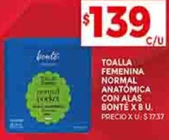 Supermercados DIA TOALLA FEMENINA NORMAL ANATÓMICA CON ALAS BONTE X 8 U. oferta