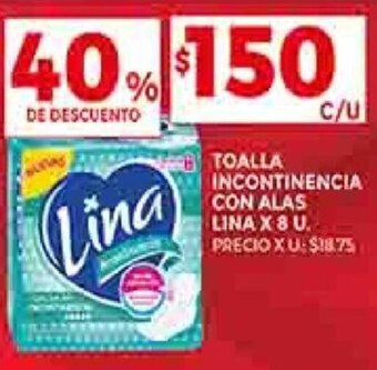 Supermercados DIA TOALLA INCONTINENCIA CON ALAS LINA X 8 U. oferta