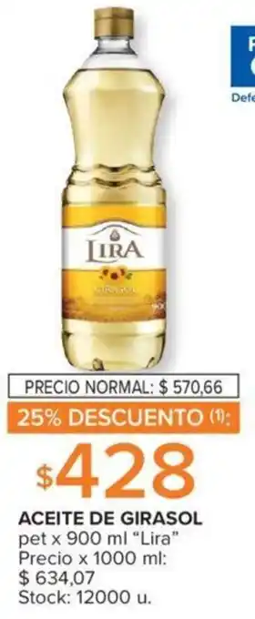 Carrefour ACEITE DE GIRASOL pet x 900 ml "Lira" Precio x 1000 ml: $ 634,07 Stock: 12000 u. oferta