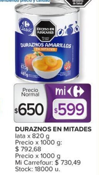 Carrefour DURAZNOS EN MITADES lata x 820 g oferta