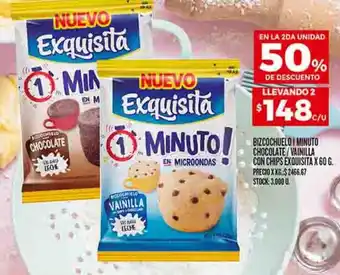 Supermercados DIA BIZCOCHUELO I MINUTO CHOCOLATE/VAINILLA CON CHIPS EXQUISITA X 60 G. oferta