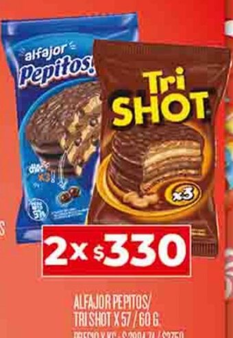 Supermercados DIA ALFAJOR PEPITOS TRI SHOT X 57/60 G oferta