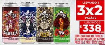 Supermercados DIA CERVEZA BLONDE ALE/HONEY/ IPA/AMBER RAMBLERS X 473 ML oferta