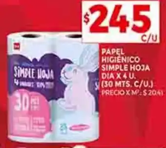 Supermercados DIA PAPEL HIGIENICO SIMPLE HOJA DIA X4 U. oferta
