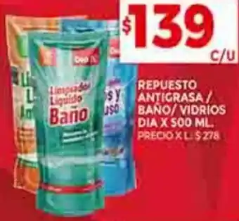Supermercados DIA REPUESTO ANTIGRASA/ BAÑO/ VIDRI DIA X 500 ML. oferta