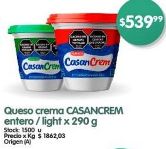 Supermercados Buenos Días Queso crema CASANCREM entero / light x 290 g oferta