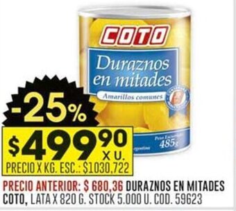 Coto DURAZNOS EN MITADES COTO, LATA X 820 G. oferta