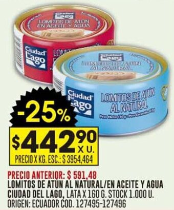 Coto LOMITOS DE ATUN AL NATURAL/EN ACEITE Y AGUA CIUDAD DEL LAGO, LATA X 160 G. oferta