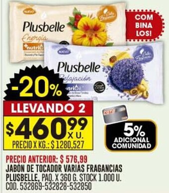 Coto JABÓN DE TOCADOR VARIAS FRAGANCIAS PLUSBELLE, PAQ. X 360 G. oferta