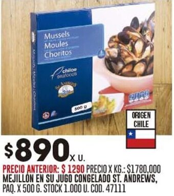 Coto MEJILLON EN SU JUGO CONGELADO ST. ANDREWS, PAQ. X 500 G. oferta