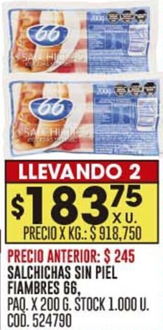 Coto SALCHICHAS SIN PIEL FIAMBRES 66, PAQ X 200G oferta
