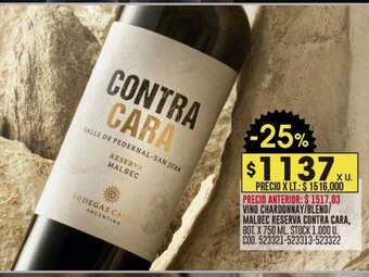Coto VINO CHARDONNAY/BLEND/ MALBEC RESERVA CONTRA CARA, BOT. X 750 ML. oferta