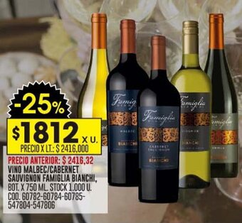 Coto VINO MALBEC/CABERNET SAUVIGNON FAMIGLIA BIANCHI, BOT. X 750 ML. oferta