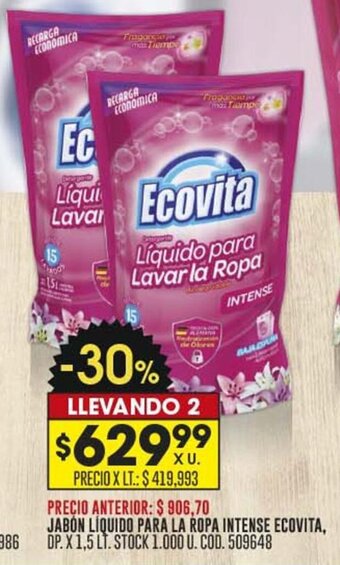 Coto JABON LIQUIDO PARA LA ROPA INTENSE ECOVITA, DP. X 1,5 LT. oferta