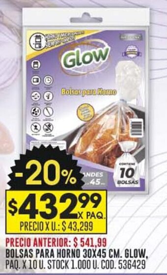 BOLSAS PARA HORNO 30X45 CM. GLOW, PAQ. X 10 U.