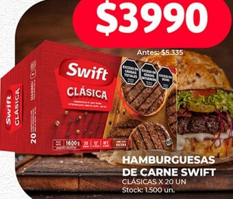 Supermercados Tadicor HAMBURGUESAS DE CARNE SWIFT CLÁSICAS X 20 UN oferta