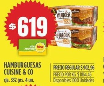 Supermercados Vea HAMBURGUESAS CUISINE & CO cja. 332 grs. 4 un. oferta