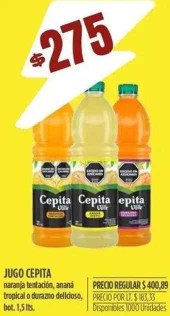 Supermercados Vea JUGO CEPITA naranja tentación, ananá tropical o durazno delicioso, bot. 1,5 Its. oferta