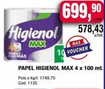 Maxiconsumo PAPEL HIGIENOL MAX 4 x 100 mt. oferta