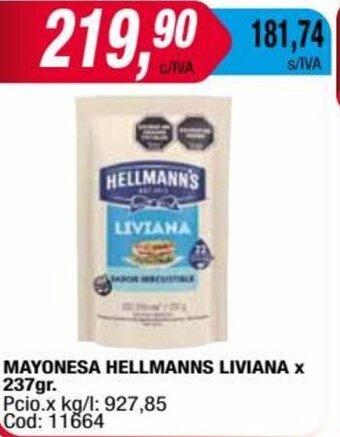 Maxiconsumo MAYONESA HELLMANNS LIVIANA X 237gr. oferta