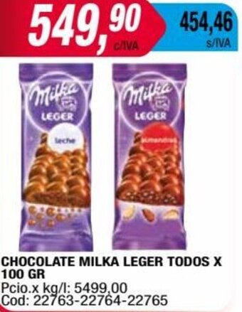 Maxiconsumo CHOCOLATE MILKA LEGER TODOS X 100 GR oferta