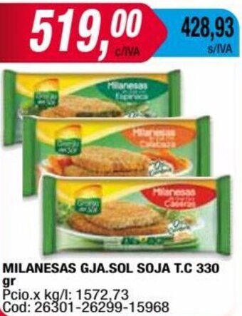 Maxiconsumo MILANESAS GJA.SOL SOJA T.C 330 gr oferta