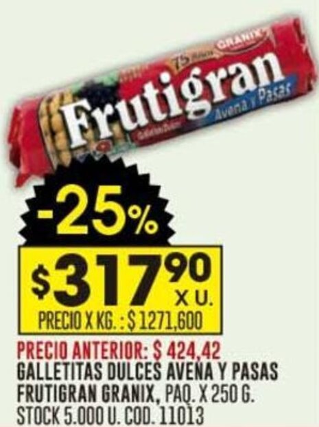 Coto GALLETAS DULCES AVENA Y PASAS FRUTIGRAN GRANIX oferta