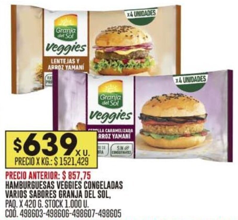 Coto HAMBURGUESAS VEGGIES CONGELADAS VARIOS SABORES GRANJA DEL SOL oferta