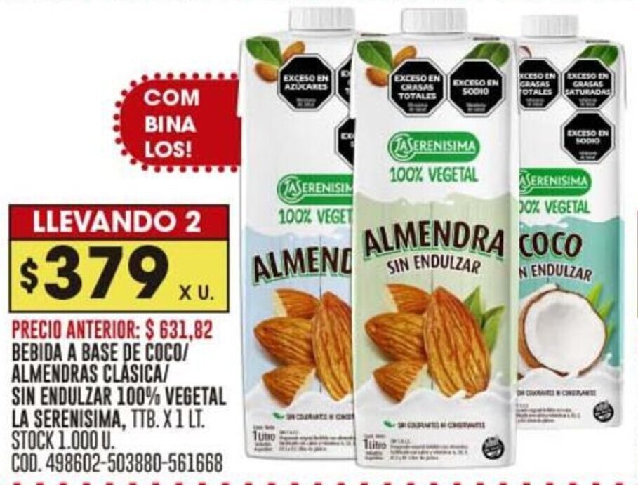 Coto BEBIDA A BASE DE COCO/ ALMENDRAS CLÁSICA/ SIN ENDULZAR 100% VEGETAL LA SERENISIMA oferta