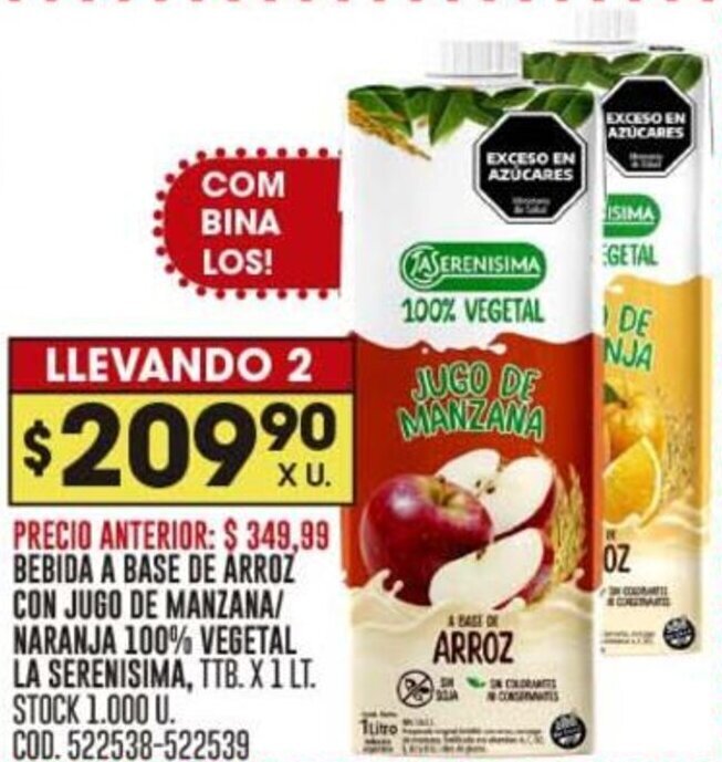 Coto BEBIDA A BASE DE ARROZ/ CON JUGO DE MANZANA/ NARANJA 100% VEGETAL LA SERENISIMA oferta