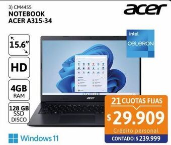 Cetrogar Notebook acer a315-34-c52q 4 gb 128ssd oferta