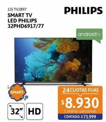 Cetrogar Smart tv led 32'' philips 32phd6917/77 hd oferta