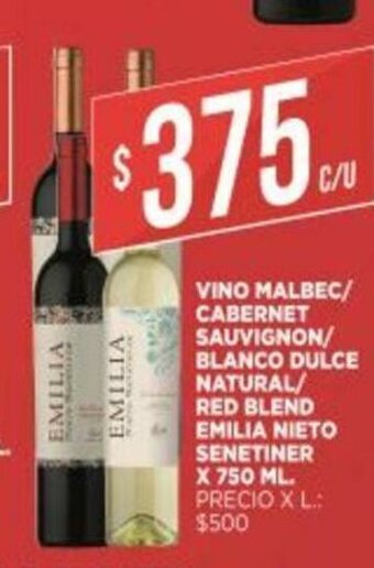 Supermercados DIA Vino Malbec/Cabernet Sauvignon/Blanco Dulce Natural Red Blend Emilia Nieto Senetiner x 750ml oferta