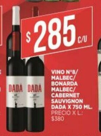 Supermercados DIA Vino N 8/Malbec/ Bonarda Malbec/ Cabernet Sauvignon Dada x 750ml oferta