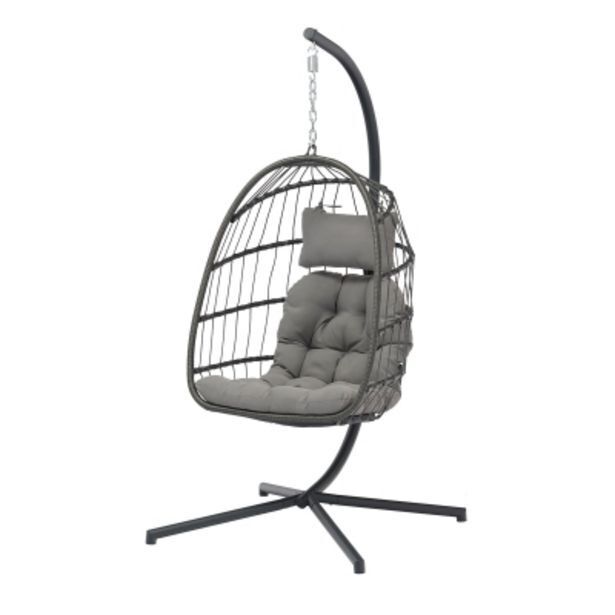 Pinturerías Rex Sillon colgante hamaca mecedora huevo simil rattan cojin gris oferta