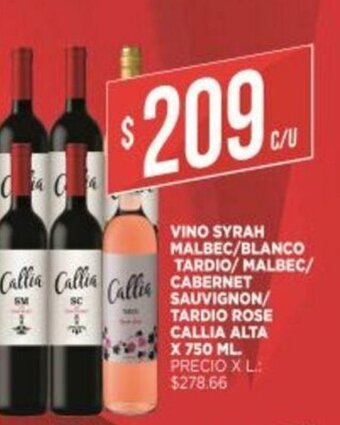 Supermercados DIA Vino Syrah Malbec/Blanco Tardio/Malbec/ Cabernet Sauvignon/ Tardio Rose callia Alta x 750ml oferta