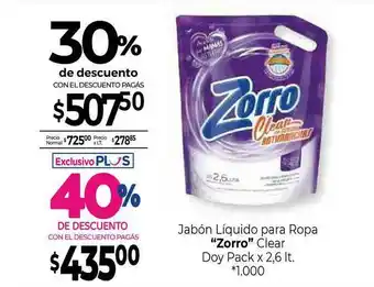 La Anonima Zorro Jabón Liquido Para Ropa Clear Doy Pack x 2,6lt oferta