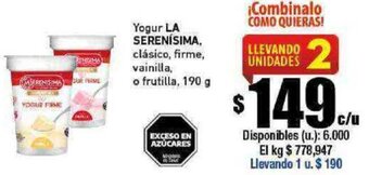 Cooperativa Obrera Yogur LA SERENÍSIMA, clásico, firme, vainilla, o frutilla, 190 g oferta