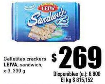 Galletitas crackers LEIVA, sandwich, x 3, 330 g