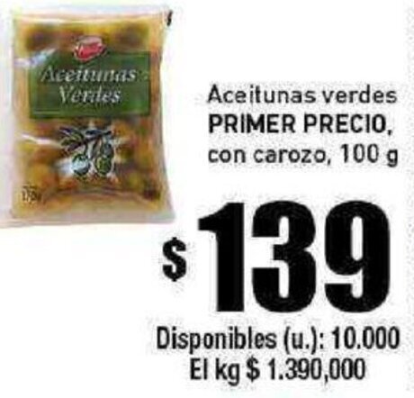 Cooperativa Obrera Aceitunas verdes PRIMER PRECIO, con carozo, 100 g oferta