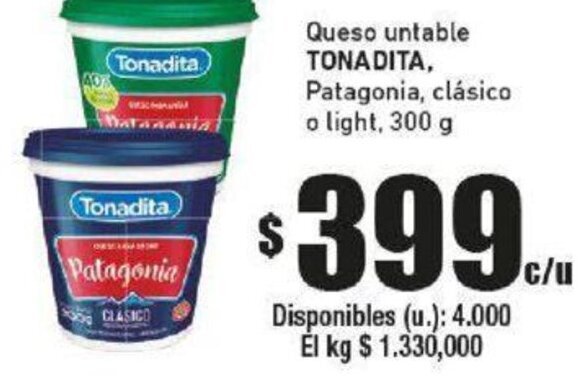 Cooperativa Obrera Queso untable TONADITA, Patagonia, clásico o light, 300 g oferta